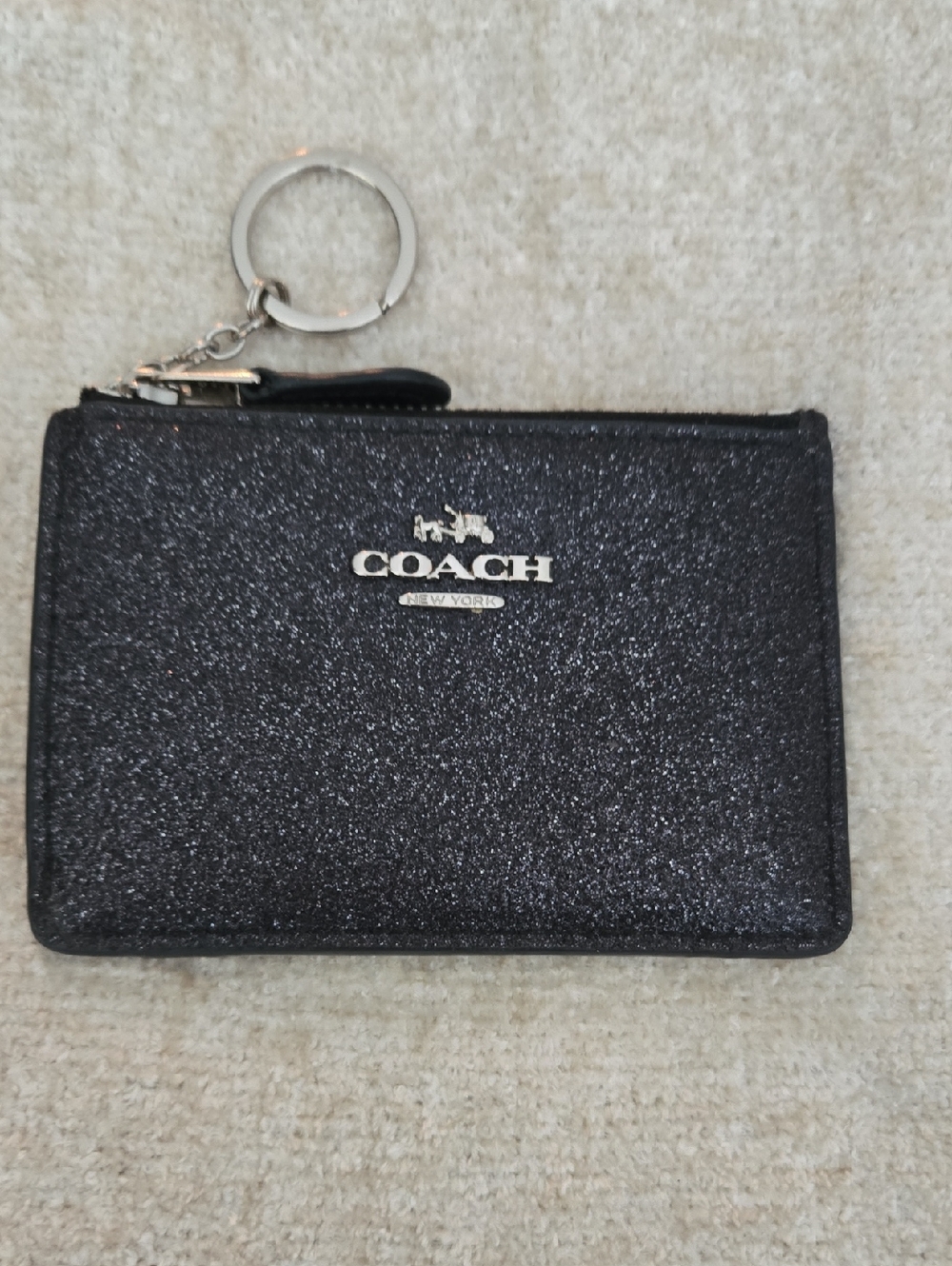 Coach Black Glitter Zip Card Case with Key Ring